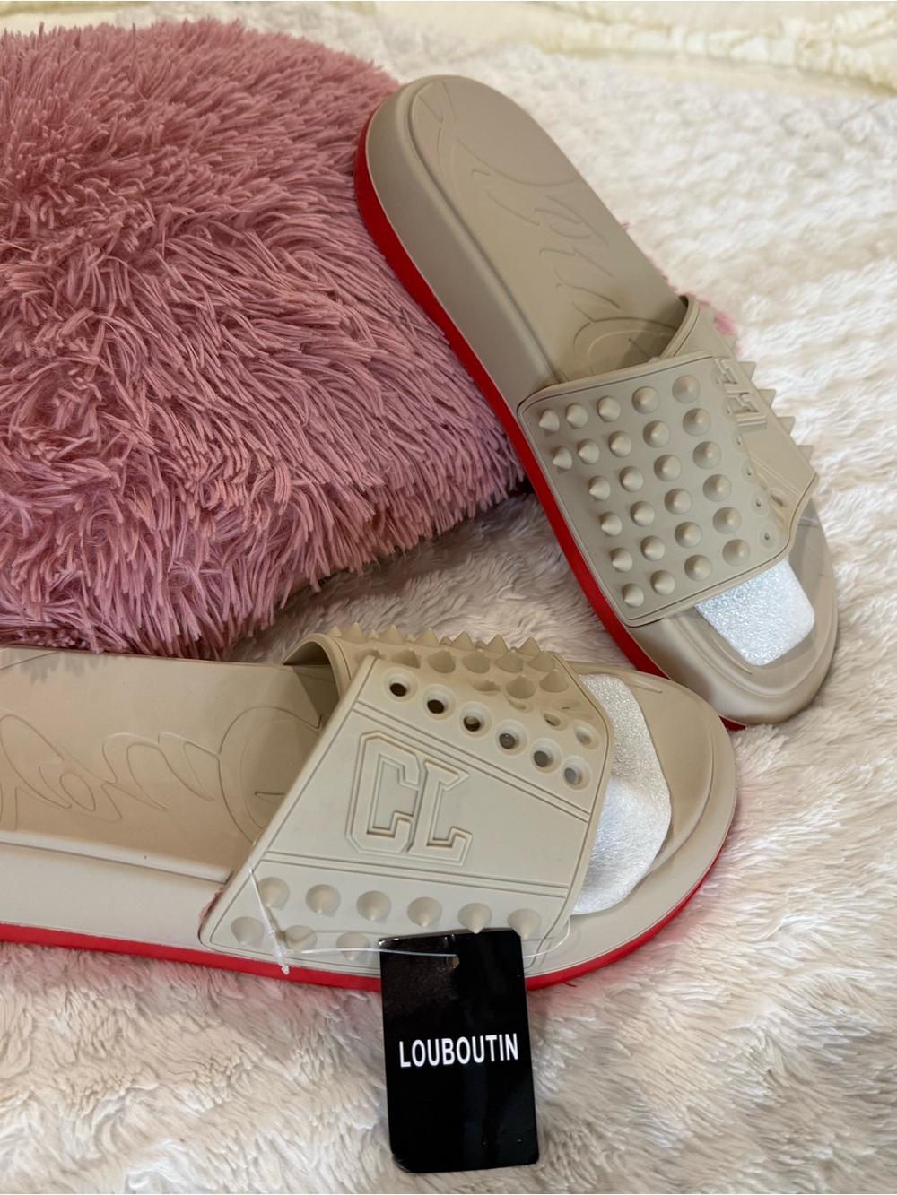 Christian Louboutin Beige and Red Studded Slide Sandals